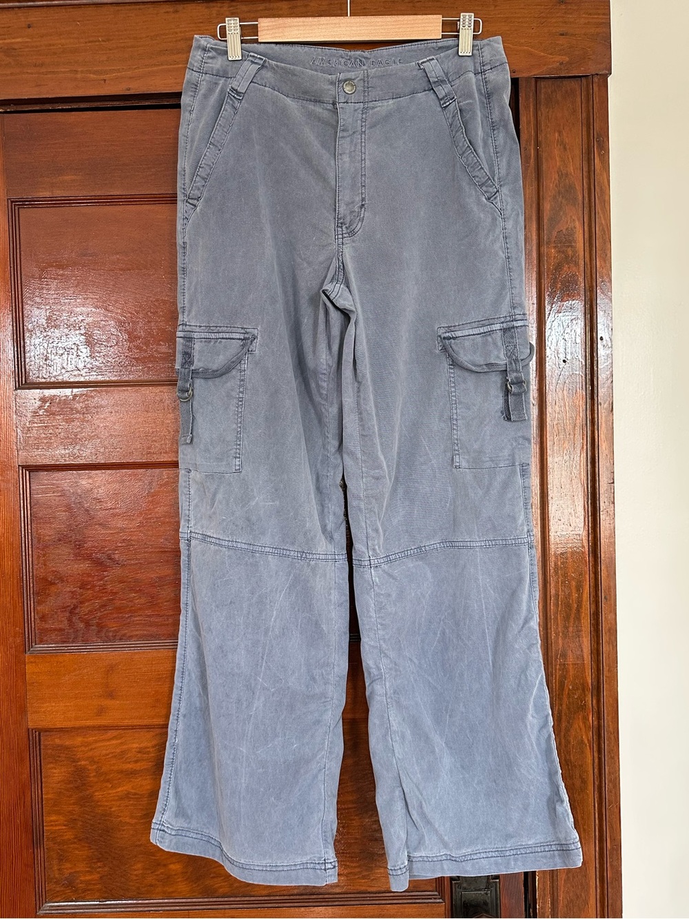 American Eagle Super High Rise Baggy Wide Leg Lyocell Cargo Pants Blue Stretch 8